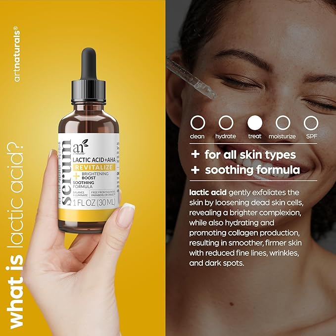 artnaturals Lactic Acid plus AHA Face Serum for Brightening Boost with Renewing Formula - Scars, Acne, Wrinkles - Exfoliates and Moisturizes the Skin - 1 oz.