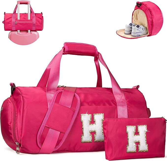 Birthday Gift for Daughter, Girls Travel Duffel Bag, Kids Initial Overnight Bags with Shoe Compartment, Customized Sport Gym Weekender Bag with Makeup Pouch, Teen Girl Gifts (Letter H)