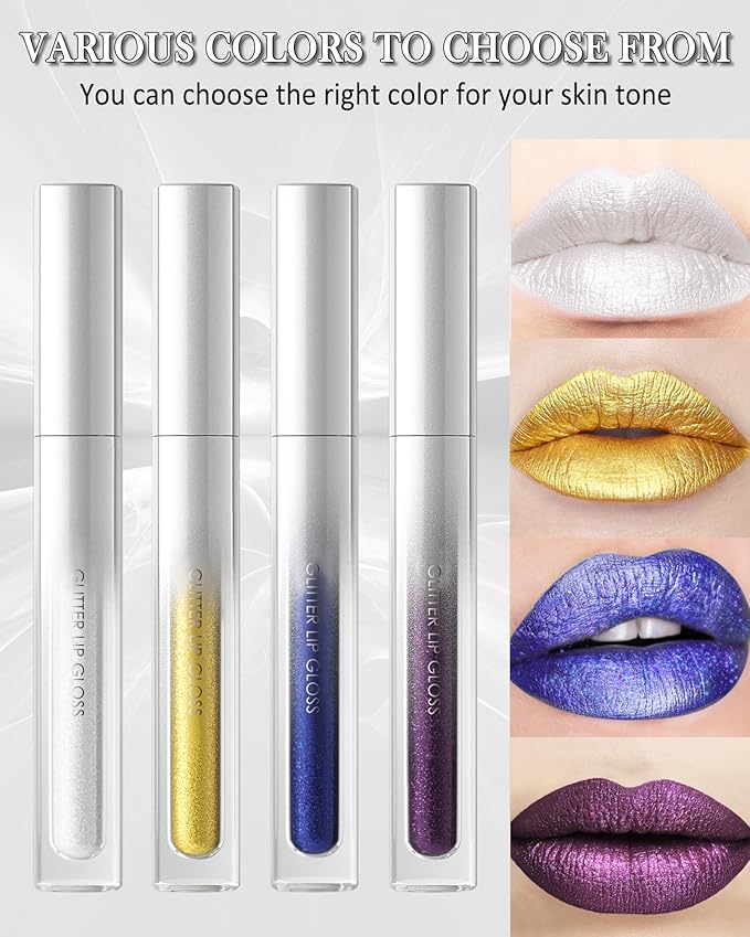 Glitter Sheer Silver Lip Gloss, Matte Metallic Shimmer Non-Stick Lip Gloss,Long-Lasting Waterproof Smudge Proof Liquid Lipstick Lipgloss,Sparkle Diamond Lip Tint Stain, Makeup Gift for Women Girl-06