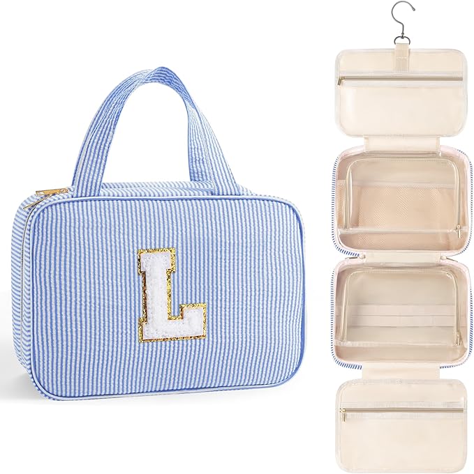 TOPEAST Christmas Gifts for Women Teen Girls Kids - Travel Hanging Toiletry Bag, Personalized Initial Toiletry Pouch, Birthday Gifts for Women Mom Daughter Sister Friends, Cruise Essentials, Blue L