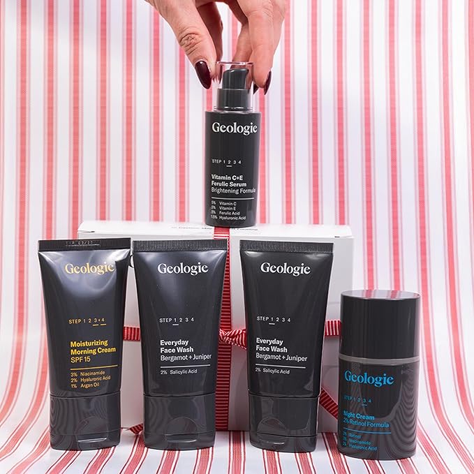 Geologie Skincare Hero Set | 5-Piece Kit Includes 2 Face Washes, SPF15 Moisturizer, Retinol Cream & Vitamin C Serum | Daily Routine for Clear, Healthy Skin for Men and Women | Lasts 3 Months