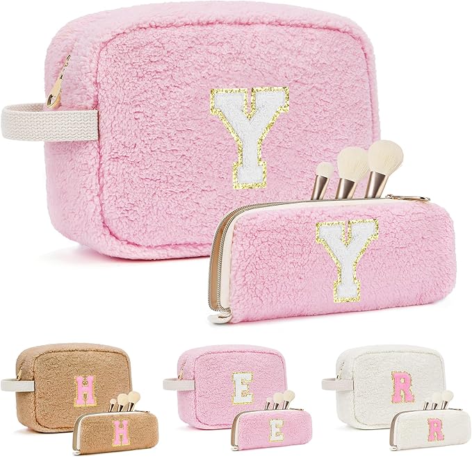 2PCS Makeup Bag with Initials, Christmas Day Gifts for Teen Girls Trendy Stuff, Personalized Cosmetic Travel Bag Pouch for Granddaughter, Cute Plush Make up Bags for Birthday - Pink Y