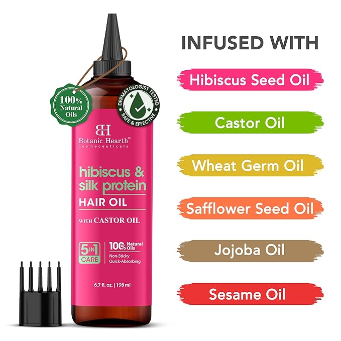 Botanic Hearth Hibiscus & Silk Protein Hair Oil (6.7 Fl Oz) |Nourishing And Strengthening Hair Treatment For Thicker, Healthier|Looking Hair | Paraben Free | Suitable For All Hair Types