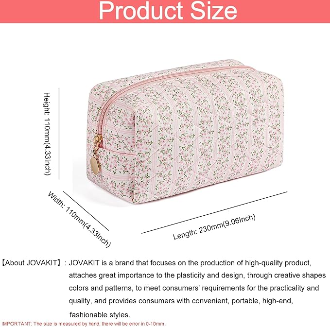 JOVAKIT Square Makeup Bag Cute Cosmetic Bag for Women, Floral Coquette Aesthetic Toiletry Bag, Zipper Make Up Pouch, Travel Make Up Organizer Bag (Pink Floral)