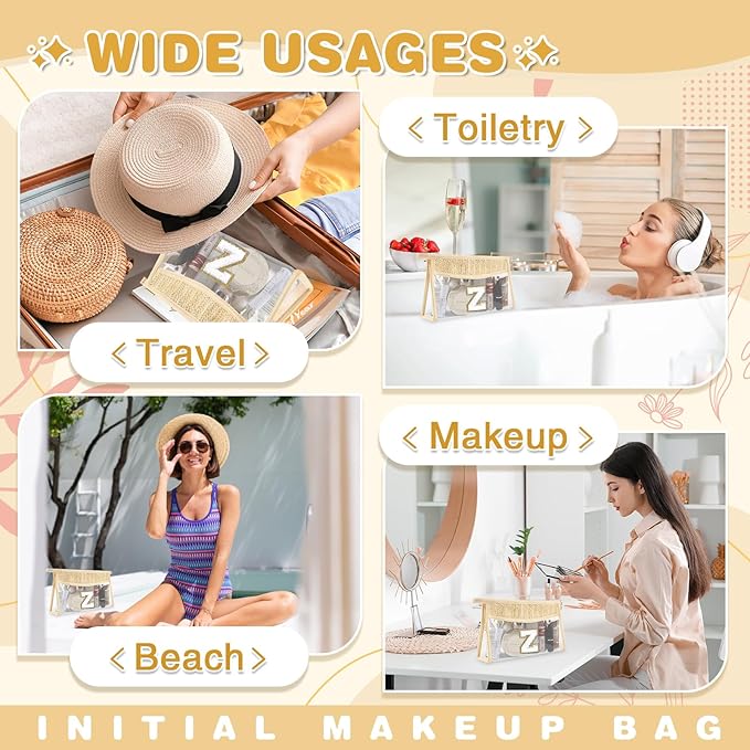 Personalized Initial Letter Bag Boho Straw Clear Makeup Bag,Small Cute Chenille Varsity Letter Pouch With Zipper,Beach Travel Toiletry,Portable Monogrammed Cosmetic Bag for Women Girls,Z