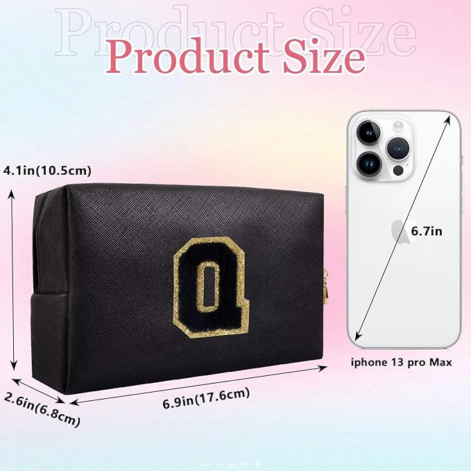 Small Personalized Letter Makeup Bag, Cute PU Leather Chenille Letters Cosmetic Bag Travel Makeup Pouch, Preppy Travel Organizer Zipper Pouch for Women&Girls（Black-Q）