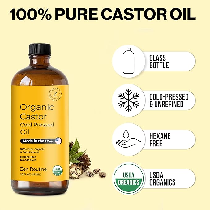 Zen Routine Organic Castor Oil (16oz Glass Bottle) Hexane Free – Hair Growth Oil, Eye Lashes & Stomach, 100% Cold Pressed Unrefined Pure for Castor Pack Wrap – USDA Certified, Made in the USA