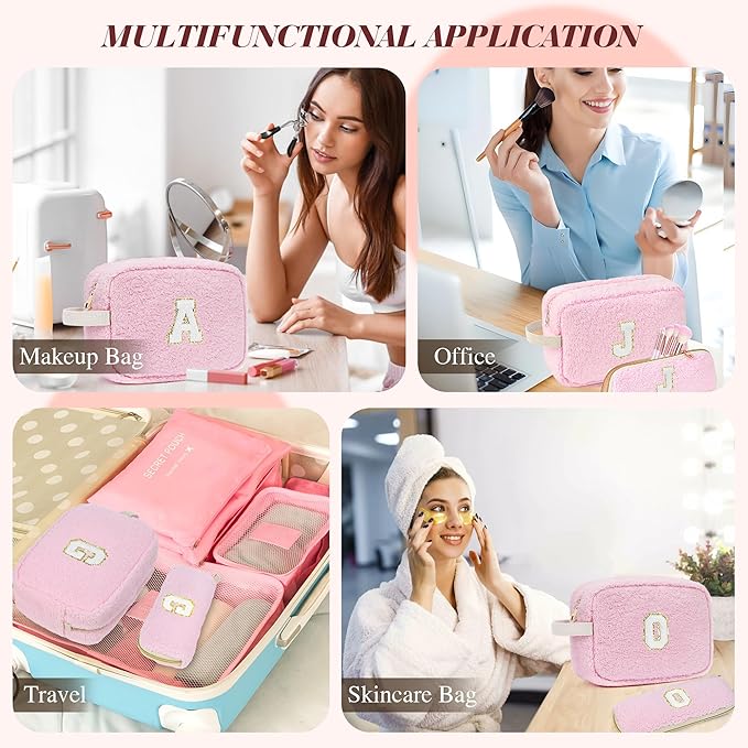 2PCS Makeup Bag with Initials, Christmas Day Gifts for Teen Girls Trendy Stuff, Personalized Cosmetic Travel Bag Pouch for Granddaughter, Cute Plush Make up Bags for Birthday - Pink S