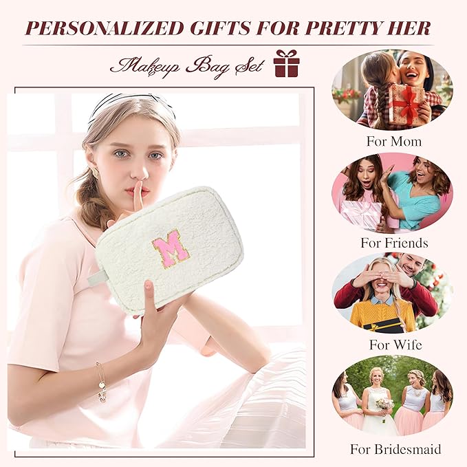 for Christmas Day Gifts, Travel Makeup Bag for Women, Initial Make Up Bag Set for 6 7 8 9 10 11 12 13 Years Old Kids Tween Girls, Large Cosmetic Skincare Bags for Birthday Gifts, White N