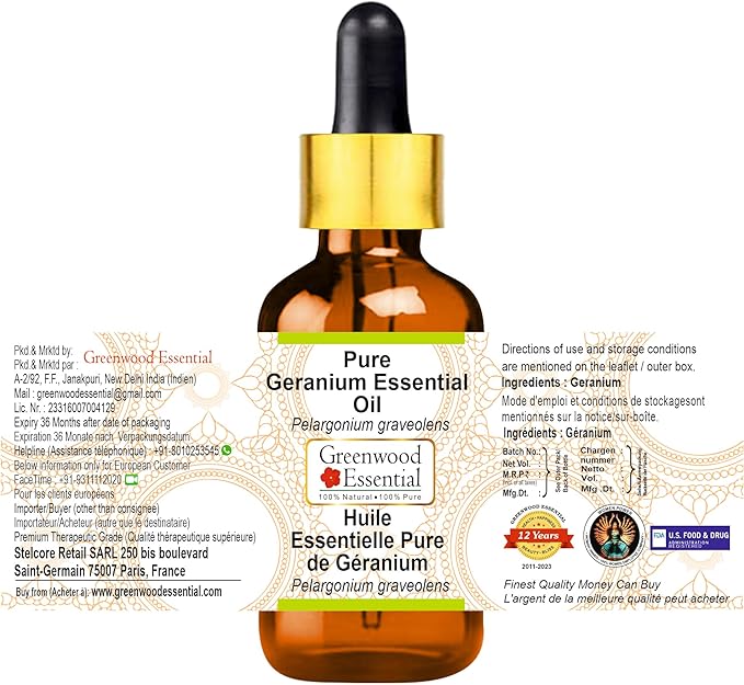 Greenwood Essential Pure Geranium Essential Oil (Pelargonium graveolens) with Glass Dropper Steam Distilled 100ml (3.38 oz)