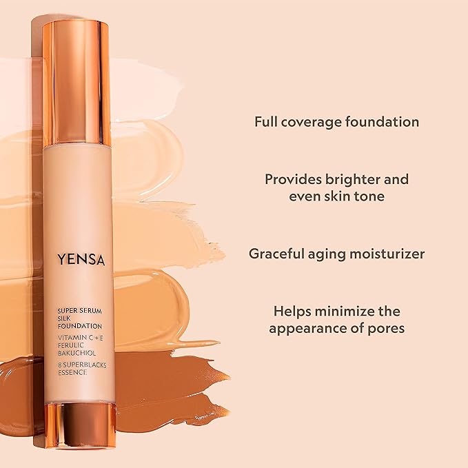 YENSA Serum Foundation Makeup - Super Silk Full Coverage Foundation Enriched with Peptides, Vitamin C & Ferulic Acid to Help Reduce Fine Lines, Wrinkles & Dark Circles - Light Medium 1 (1 oz)
