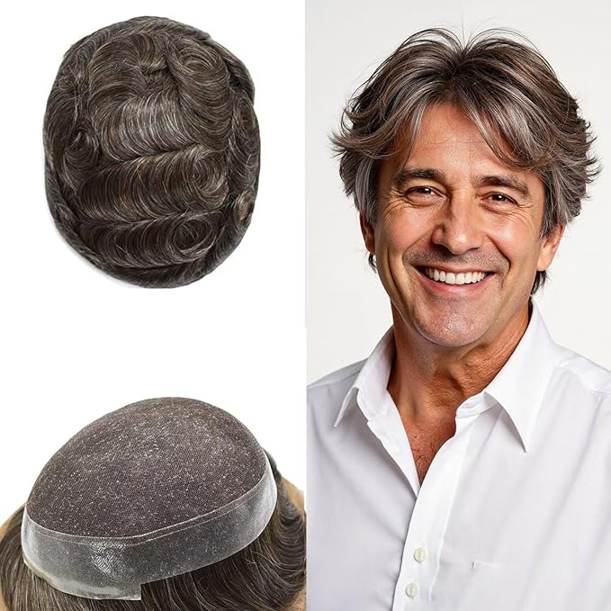 FACE MIRACLE Toupee for Men French Lace Hairpiece Human Hair Replacement System Skin PU Mens Toupee Hair Wigs for Man V-Looped Front Hair Prosthesis 6"X9" #330 3# DARK BROWN WITH 30% SYNTHETIC GREY