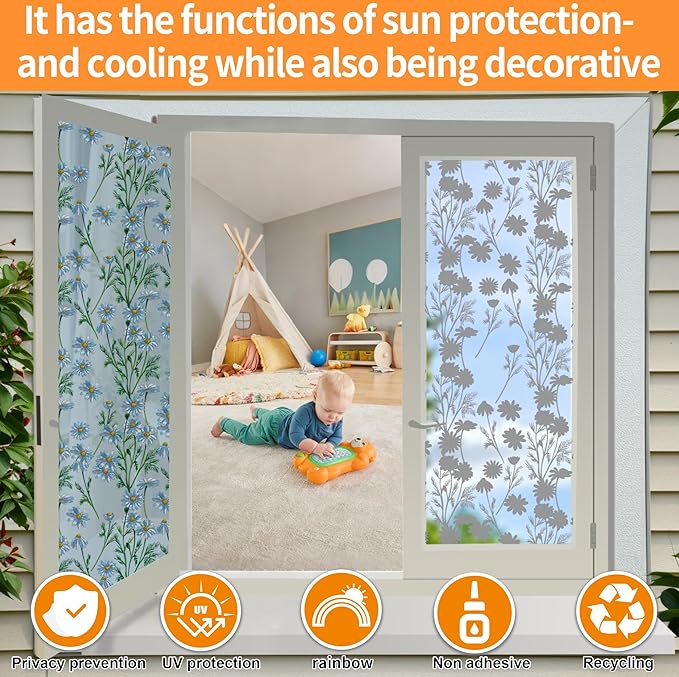 One Way Privacy Film, Window Tint for Home,Daytime Reflective, Anti UV Static Cling Sliding Door Coverings No Glue Garage Solar Paper (Silver -Daisy, 17.5 x 78.7 in)