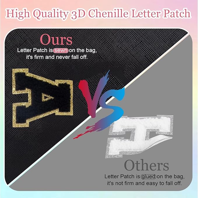Small Personalized Letter Makeup Bag, Cute PU Leather Chenille Letters Cosmetic Bag Travel Makeup Pouch, Preppy Travel Organizer Zipper Pouch for Women&Girls（Black-G）