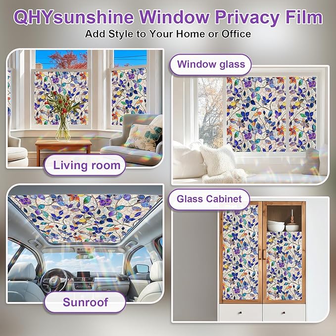 Stained Glass Window Privacy FilmDecorative Rainbow Static Clings -ldeal for Home &Office,Adhesive-Free,Removable, Uv-Blocking (Purple Rainbow, 17.5 X 157.4 in)