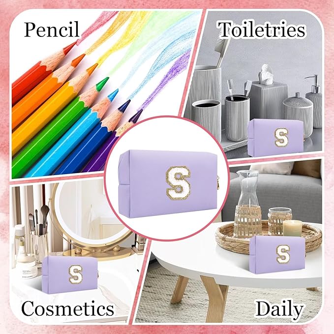 Small Personalized Letter Makeup Bag, Cute PU Leather Chenille Letters Cosmetic Bag Travel Makeup Pouch, Preppy Travel Organizer Zipper Pouch for Women&Girls（Purple-S）