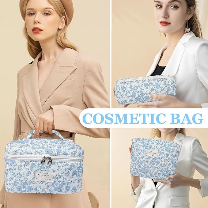 Makeup Bag Set, Quilted Makeup Bag, Large Floral Cosmetic Bag for Women, Cute Cotton Makeup Bags, Flower Travel Toiletry Organizer Bag (Blue Flower)