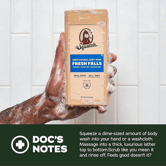 Dr. Squatch NEW Body Wash for Men with Nourishing, Natural Ingredients | No Paraben, Phthalate, Sulfate | All Day Moisture | Long Lasting Scent | Pine Tar & Fresh Falls (14 oz, 2-Pack)