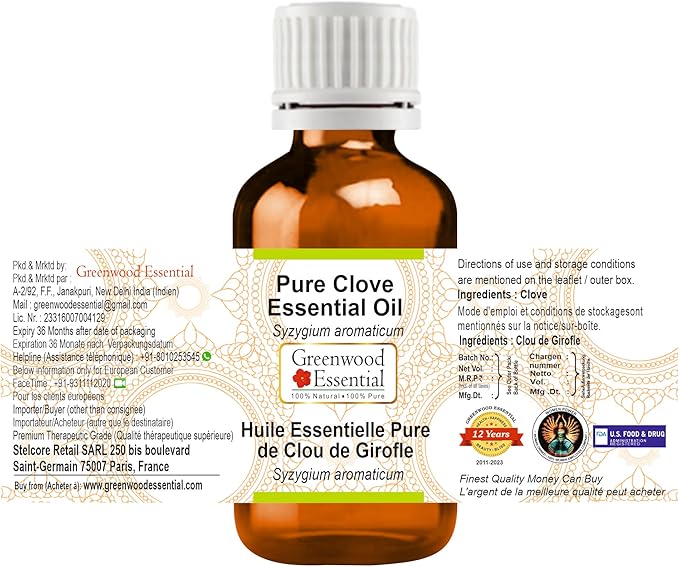 Greenwood Essential Pure Clove Essential Oil (Syzygium aromaticum Steam Distilled 100ml (3.38 oz)