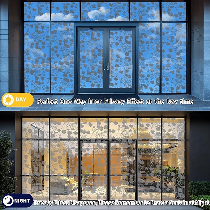 One Way Privacy Film, Window Tint for Home,Daytime Reflective, Anti UV Static Cling Sliding Door Coverings No Glue Garage Solar Paper (Silver -Daisy, 45.27 x 78.7 in)
