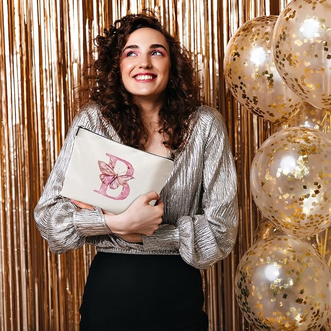 Initial Makeup Bag Pink Butterfly B Personalized Cosmetic Bag Monogrammed Gifts for Women Girls Bride Boss Monogram Zipper Pouch for Friendship Mothers Day Birthday Wedding Bridal Shower Gifts