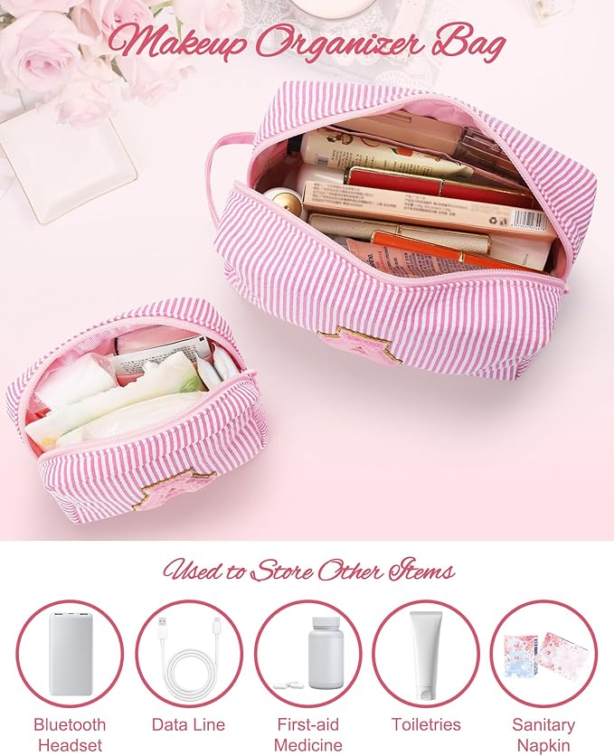 MONSTINA Personalized Initial Makeup Bag for Women,Make Up Case for Girlfriend Bridesmaid Wife,Birthday Gift for Her Cute Toiletry Bag,2PCS,Pink L