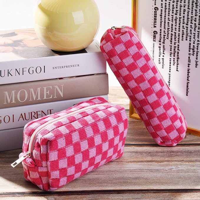 SOIDRAM Checkered Cosmetic Bag and Makeup Brush Storage Bag - Pink Travel Toiletry Organizer