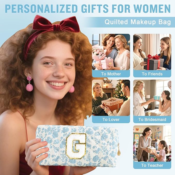 Personalized Quilted Cosmetic Bag, Puffy Monogrammed Christmas Birthday Gifts for Women & Girls, Cute initial Floral Makeup Bag Puffer Coquette Bag, Aesthetic Travel Toiletry Zipper Pouch(Blue,G)