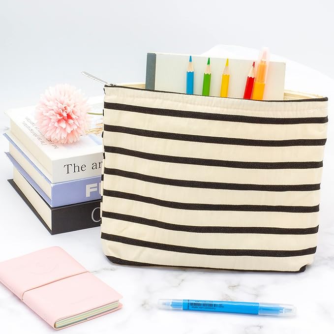 PAZIMIIK Floral Makeup Bag Large Cotton Zipper Pouch for Purse Travel Canvas Make Up Organizer for Women Cosmetic,Stripe White