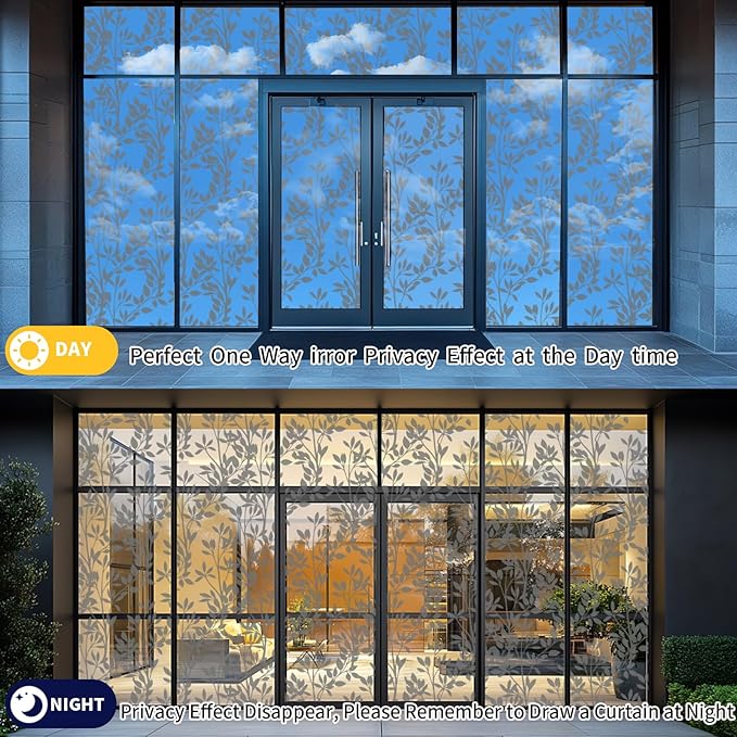 One Way Privacy Film, Window Tint for Home,Daytime Reflective, Anti UV Static Cling Sliding Door Coverings No Glue Garage Solar Paper (Silver-Leaves, 35.4 x 157.4 in)
