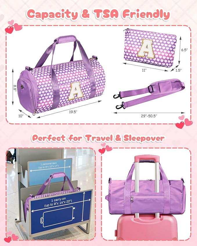 Teen Girl Gifts Trendy Stuff, Girls Travel Duffel Bag, Kids Initial Overnight Bags with Shoe Compartment, Personalized Gym Ballet Dance Bag with Makeup Pouch, Sister Birthday Gift (Letter A)