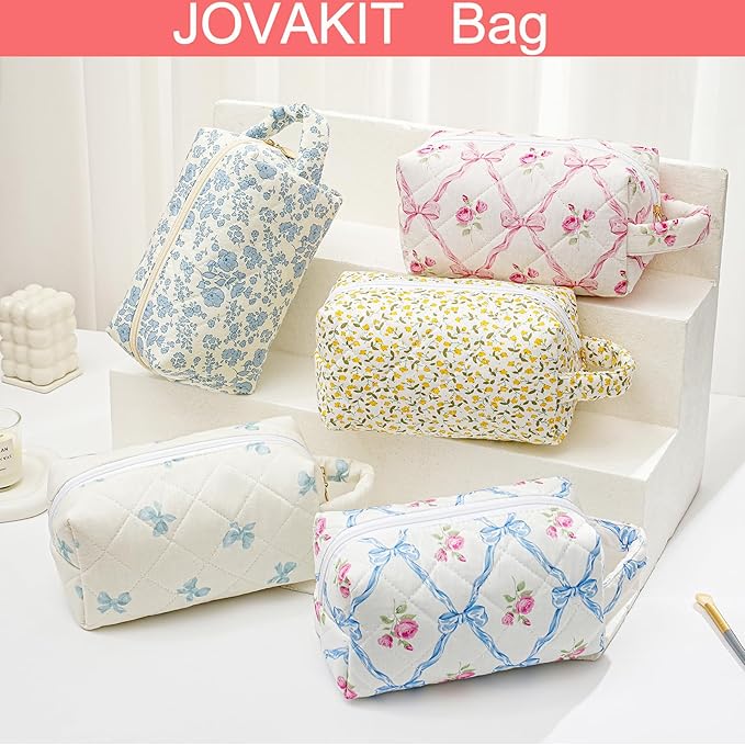 JOVAKIT Travel Makeup Bag Cosmetic Bag for Women, Christmas Gifts, Small Floral Flowers Coquette Toiletry Bag with Handle, Zipper Make Up Pouch Organizer Bag Trendy Stuff (Blue Bowknot)