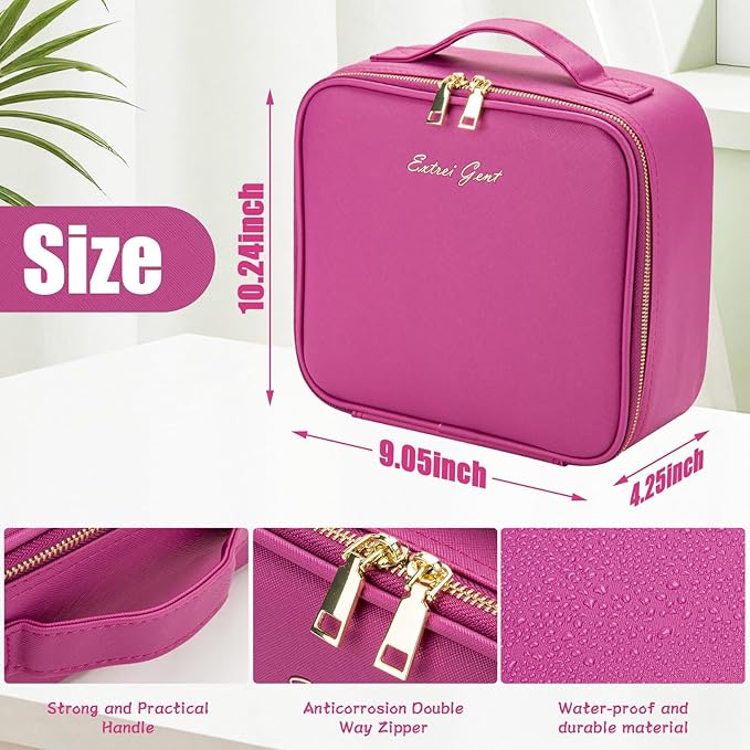 Makeup Travel Train Case with Mirror LED Light 3 Adjustable Brightness Large Cosmetic Bag Portable Storage Adjustable Partition Waterproof Makeup Brushes Make up Jewelry Gift for Women