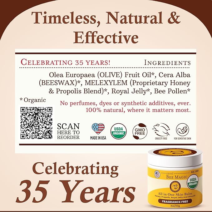 Sweet Bee Magic All In One Healing Organic Balm - Natural Skin Healing Cream, Beeswax Balm for Dry Skin, Face & Body Moisturizer - Certified Organic, All Natural Aid - 2 Jars (2oz Each,4oz Total)
