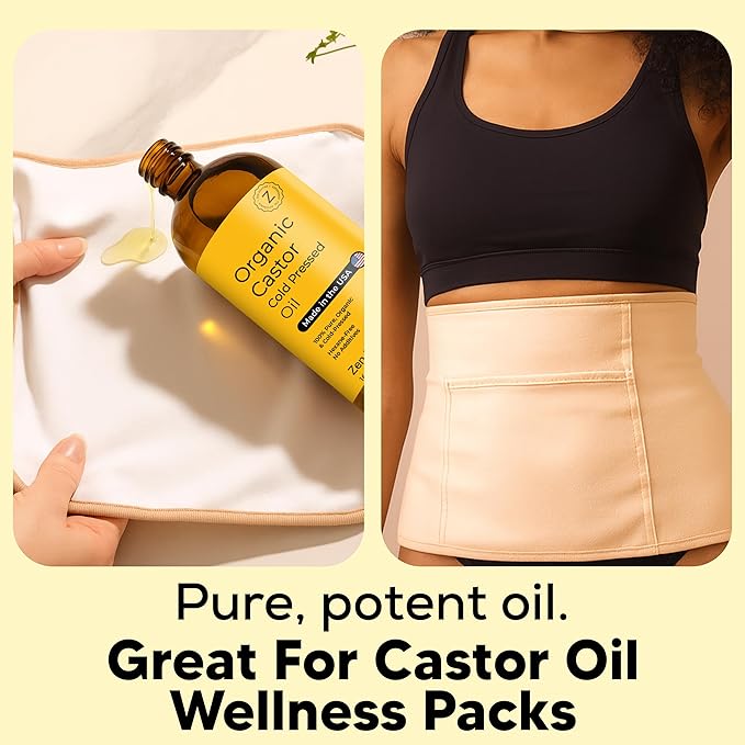 Zen Routine Organic Castor Oil (16oz Glass Bottle) Hexane Free – Hair Growth Oil, Eye Lashes & Stomach, 100% Cold Pressed Unrefined Pure for Castor Pack Wrap – USDA Certified, Made in the USA