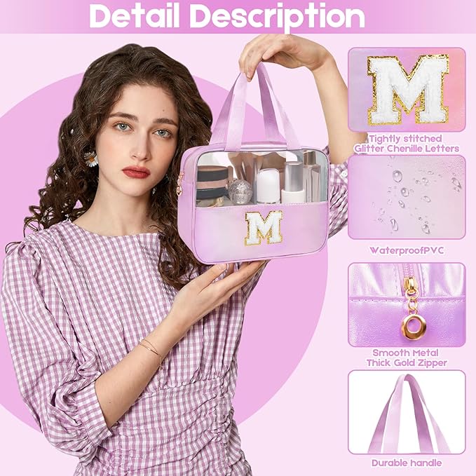 Personalized Initial H Clear Purple Makeup Bag - Large Travel Toiletry Bag, Cute Cosmetic Organizer Set for Girlfriend, Teacher, Teen Girl Gifts