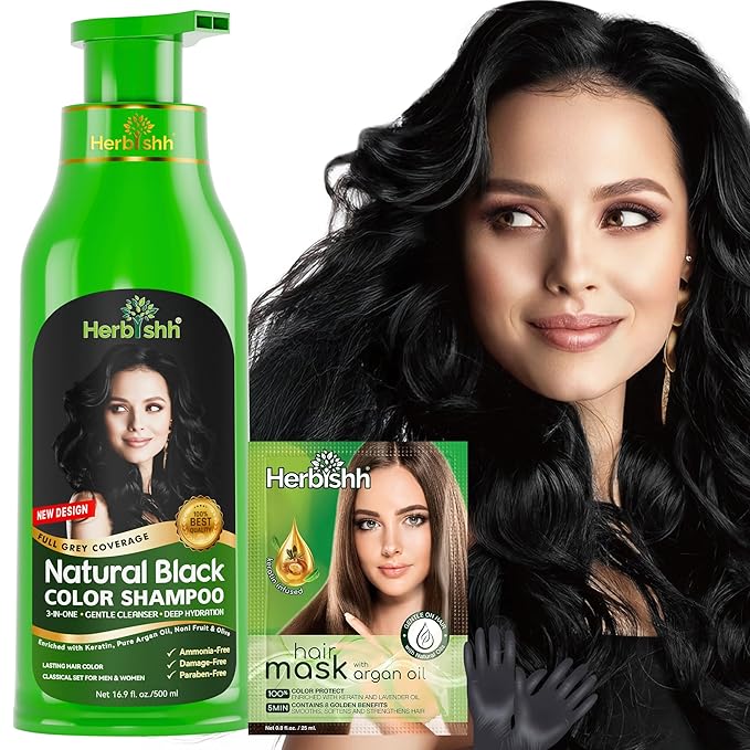 Herbishh Hair Color Shampoo for Gray Hair – Natural Hair Dye Shampoo – Colors Hair in Minutes – Lasts Up To 3-4 Weeks – 500ML – 3-In-1 Hair Color – Colors, Cleanses, and Conditions (Black)