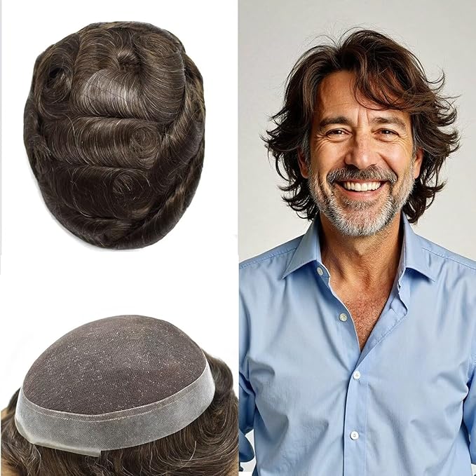 FACE MIRACLE Toupee for Men French Lace Hairpiece Human Hair Replacement System Skin PU Mens Toupee Hair Wigs for Man V-Looped Front Hair Prosthesis 6"X9" #310 Dark Brown with 10% Gray