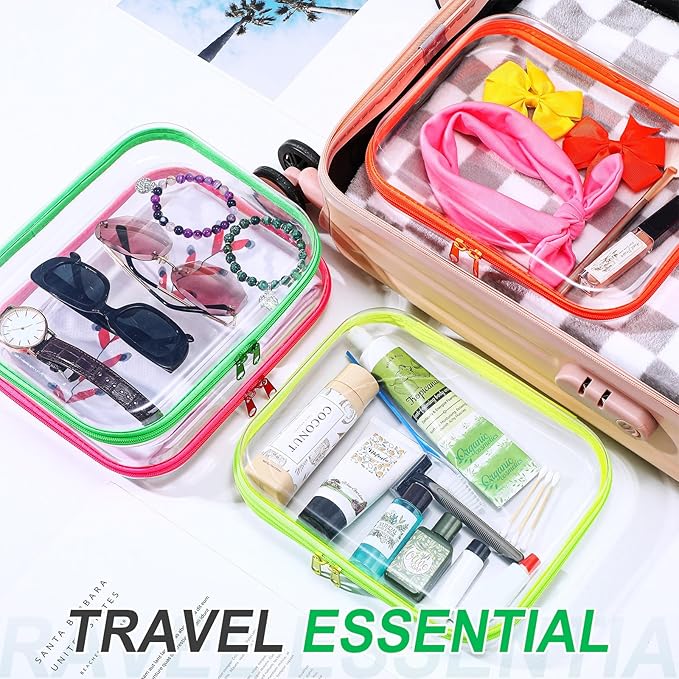 Hoolerry 4 Pcs Hard Clear Zipper Case Makeup Bags Plastic Pencil Pouch Transparent Storage Box Containers for Cosmetics, Snacks, Building Blocks, Puzzles(Fluorescent,9.8 x 7.9 x 2 in)