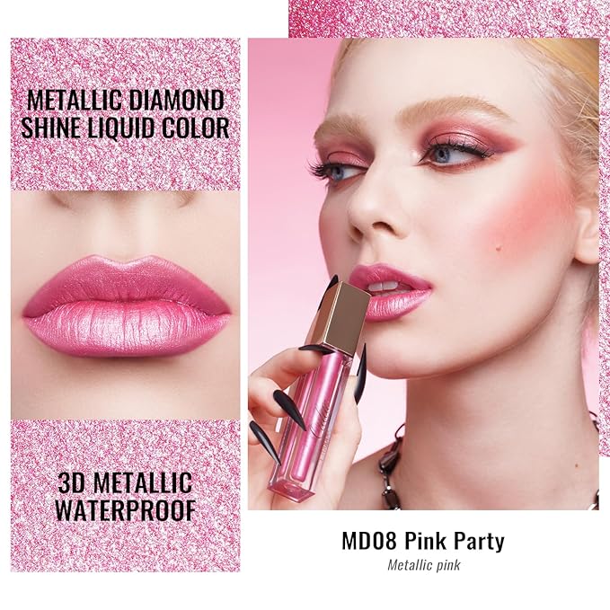 Oulac Pink Metallic Lipstick for Women, Long Lasting Lip Gloss Waterproof, Lips & Eye 2 IN 1 Lip Makeup, High Impact Lip Color, 3D Metallic Finish, No Transfer, Vegan MD08
