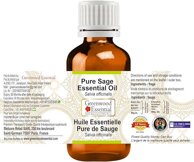 Greenwood Essential Pure Sage Essential Oil (Salvia officinalis) Steam Distilled 30ml (1.01 oz)