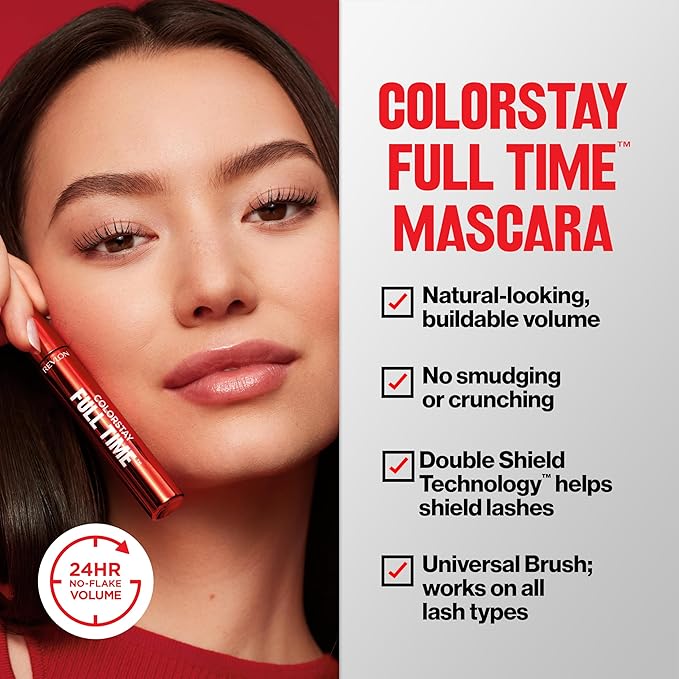 Revlon ColorStay Full Time Volumizing Mascara, 24 Hour Wear, Smudge-Proof, Non-Clumping, Flake-Free, Stocking Stuffer for Her, 411 Blackest Black, Waterproof