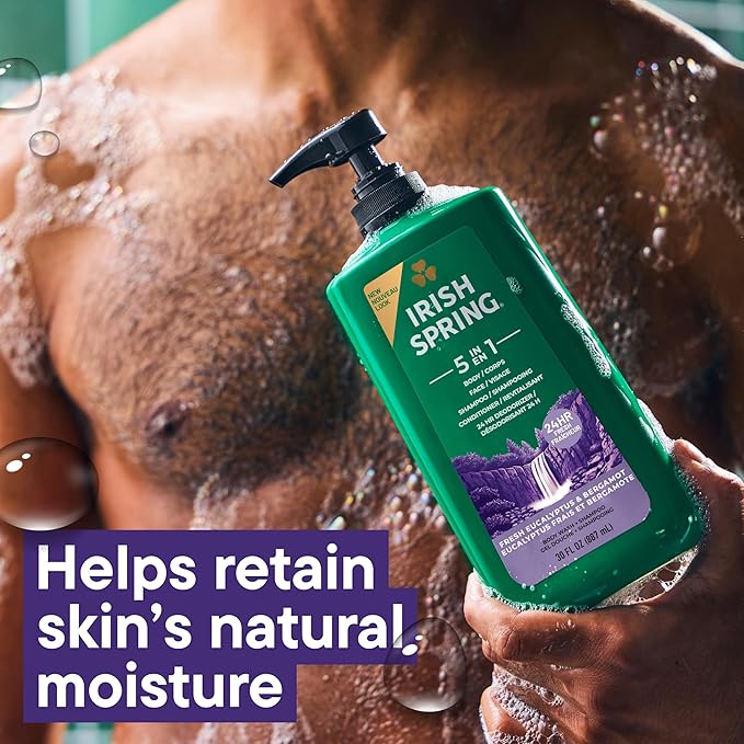 Irish Spring 5 in 1 Body Wash for Men, Men's Body Wash, Smell Fresh and Clean for 24 Hours, Conditions and Cleans Body, Face, and Hair, Made with Biodegradable Ingredients, 30 Oz Pump