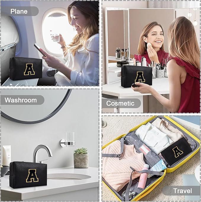 Personalized Initial Preppy Patch Makeup Bag, Small Cute Cosmetic Pouch Make Up Case Travel Toiletry Zipper Pouch, Monogram Waterproof PU Leather Chenille Letter Storage Bag Gifts for Women(Letter A)