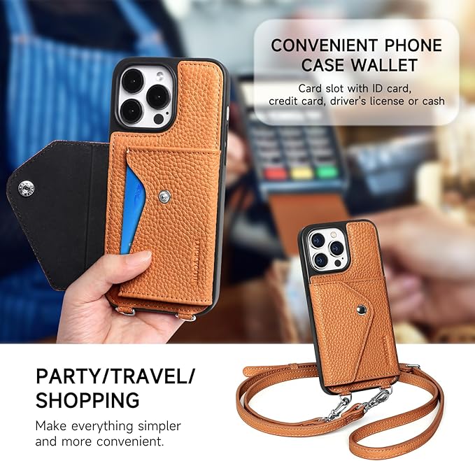 LUCKYCOIN Crossbody Wallet Phone Case for iPhone 14 Pro,100% Genuine Leather Wallet Phone Case with Expandable Flip Card Holder,Phone Purse for Women with Adjustable Removable Strap - Pebble Brown