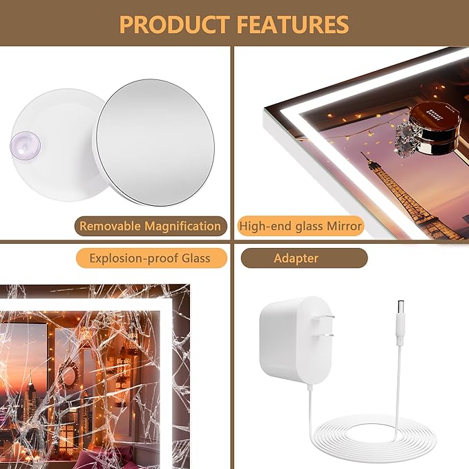 Hasipu Vanity Mirror with Lights, 32" x 22" LED Makeup Mirror, Lighted Makeup Mirror with Dimmable 3 Modes, Touch Screen Control Vanity Mirror Square White