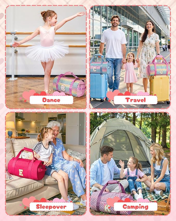 Gifts for 3 Year Old Girl, Girls Travel Duffel Bag, Kids Initial Overnight Bags with Shoe Compartment, Initial Duffle Bag with Makeup Pouch, Stocking Stuffers for Teens (Letter G)