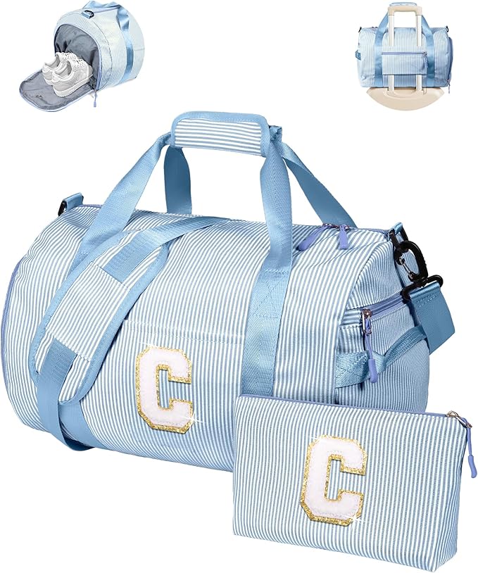 10 Year Old Girl Birthday Gifts, Girls Travel Duffle Bag, Kids Initial Overnight Bags with Shoe Compartment, Customized Weekender Bag with Makeup Pouch, Preppy Stuff for Teen (Letter C)