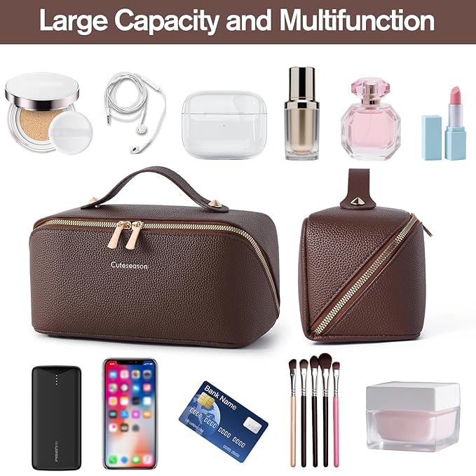 Makeup Bag, Travel Toiletry Bag for Women, Large Capacity Waterproof Plain Pattern PU Leather Cosmetic Bags Make Up Organizer Bags with Headband and Wristband Set (Light Brown)