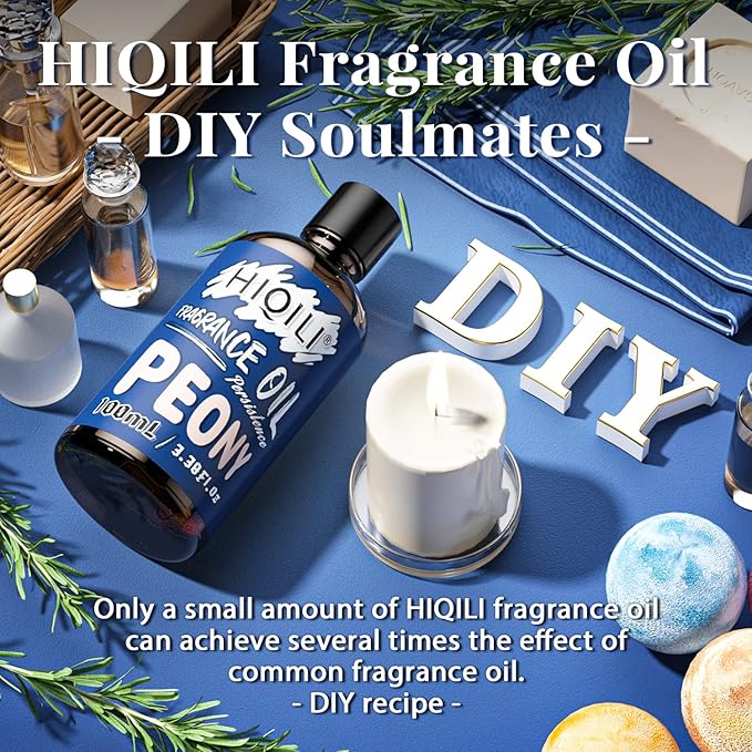 HIQILI Peony Essential Oil 100ml, Floral Fragrance Oil for Aromatherapy, Perfect for Home Diffusers, New Car Clear The Air, Laundry, DIY Candle and Soap Making Supplies 3.38 Fl Oz